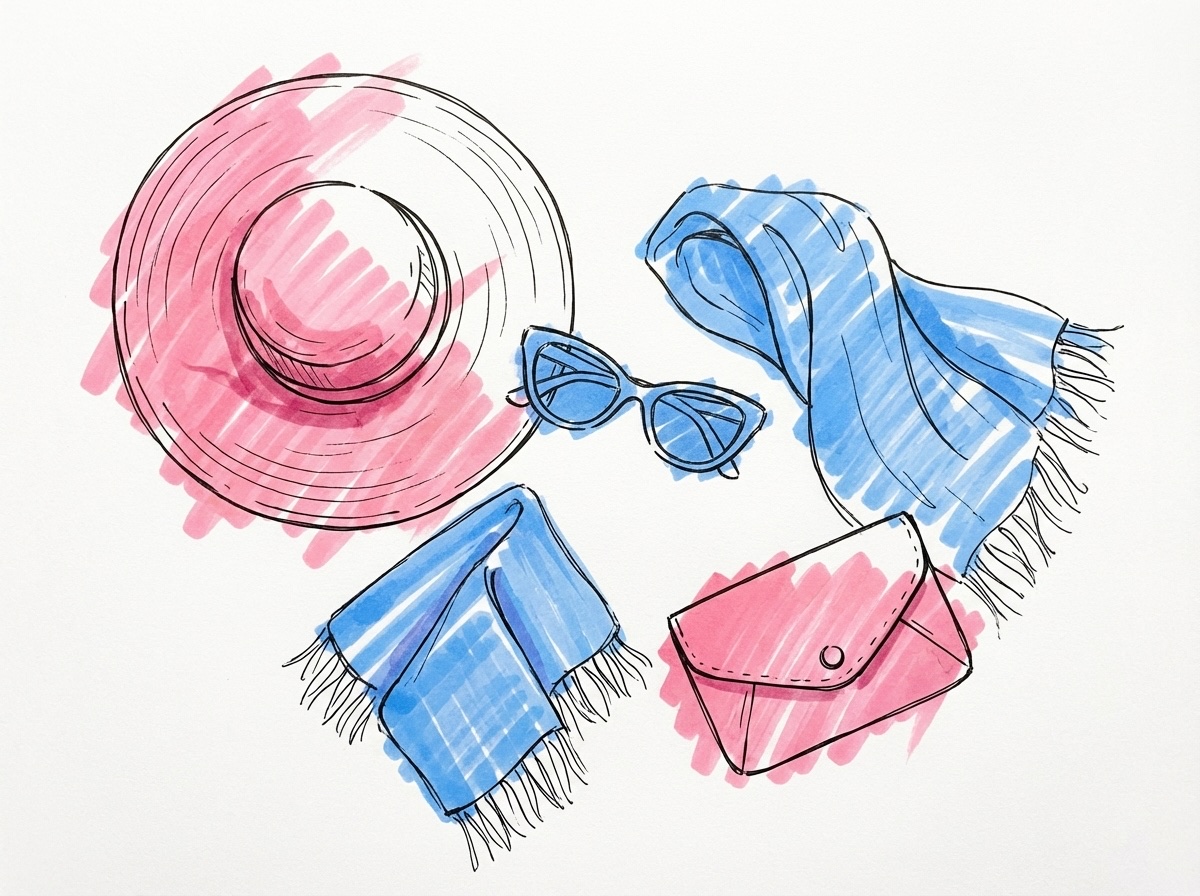 En flat-lay med sommaraccessoarer — bredbrättad solhatt, eleganta solglasögon, en lätt pashmina och en liten clutch, i Lovios rosa och blå illustrationsstil