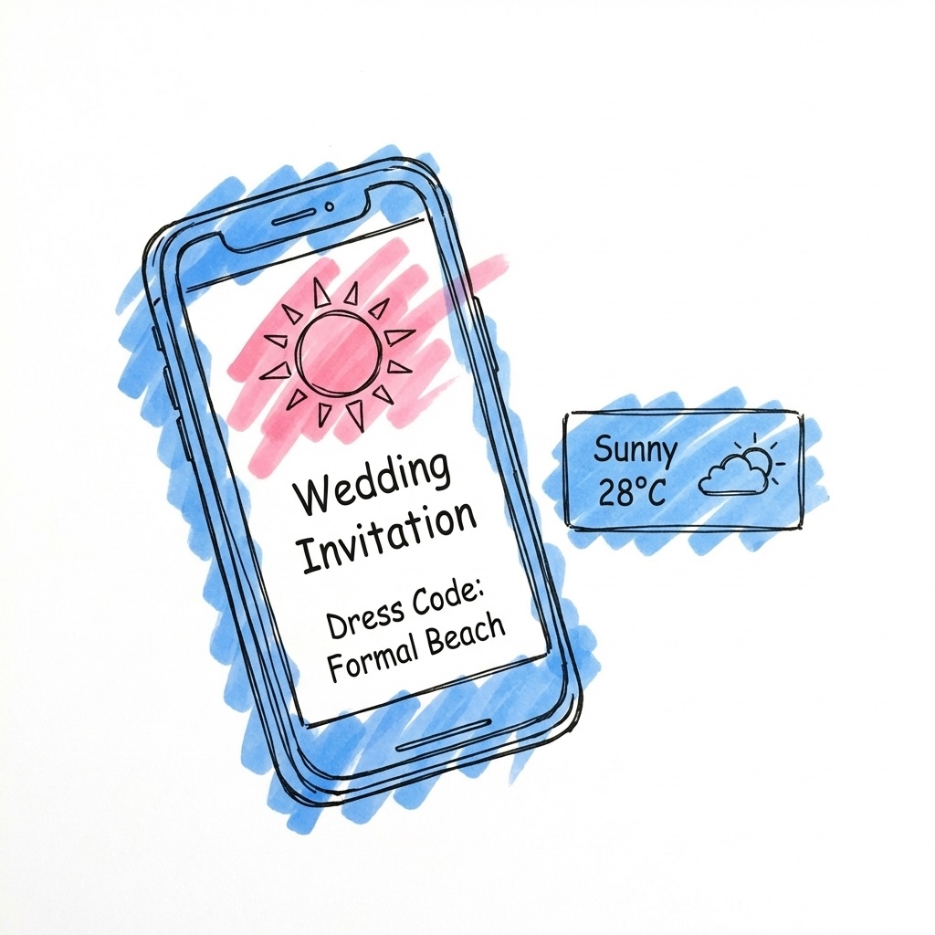 En telefonskärm som visar en bröllopsinbjudan med solikon och klädkodsinformation, i Lovios rosa och blå illustrationsstil