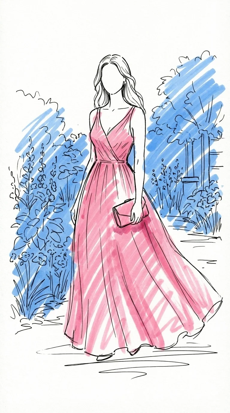 En kvinna i en flödande sommarklänning med en liten clutch, stående i en trädgårdsmiljö med lätt bris i tyget, i Lovios rosa och blå illustrationsstil