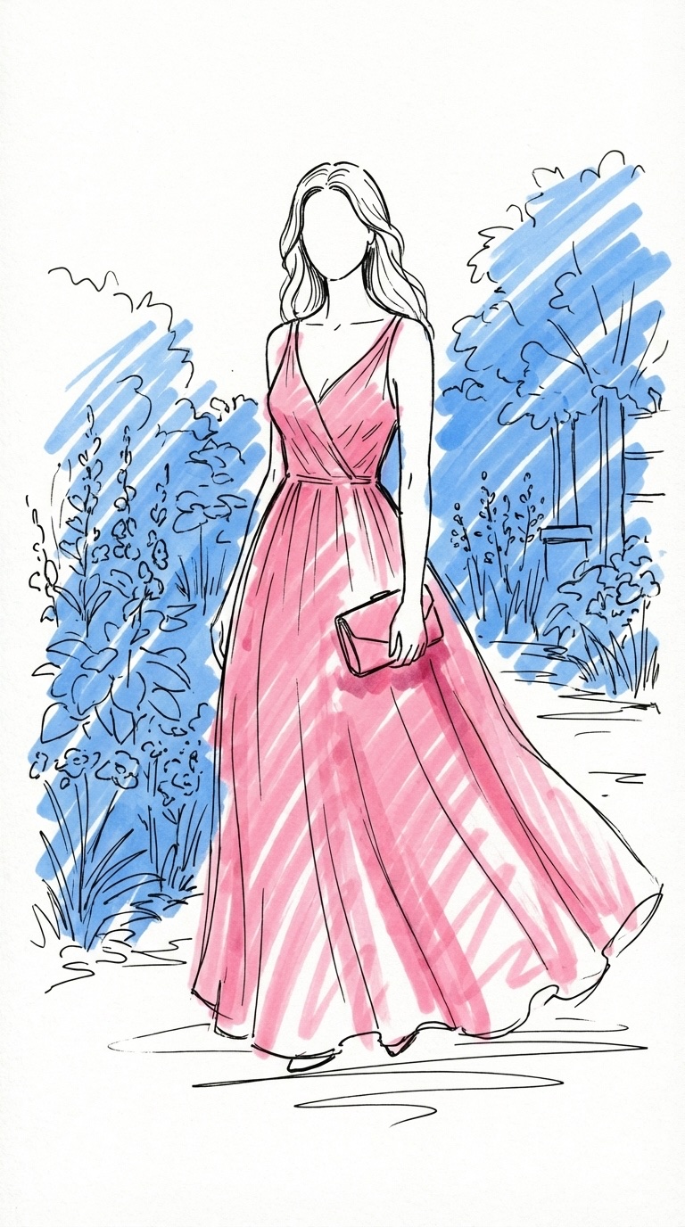 En kvinna i en flödande sommarklänning med en liten clutch, stående i en trädgårdsmiljö med lätt bris i tyget, i Lovios rosa och blå illustrationsstil