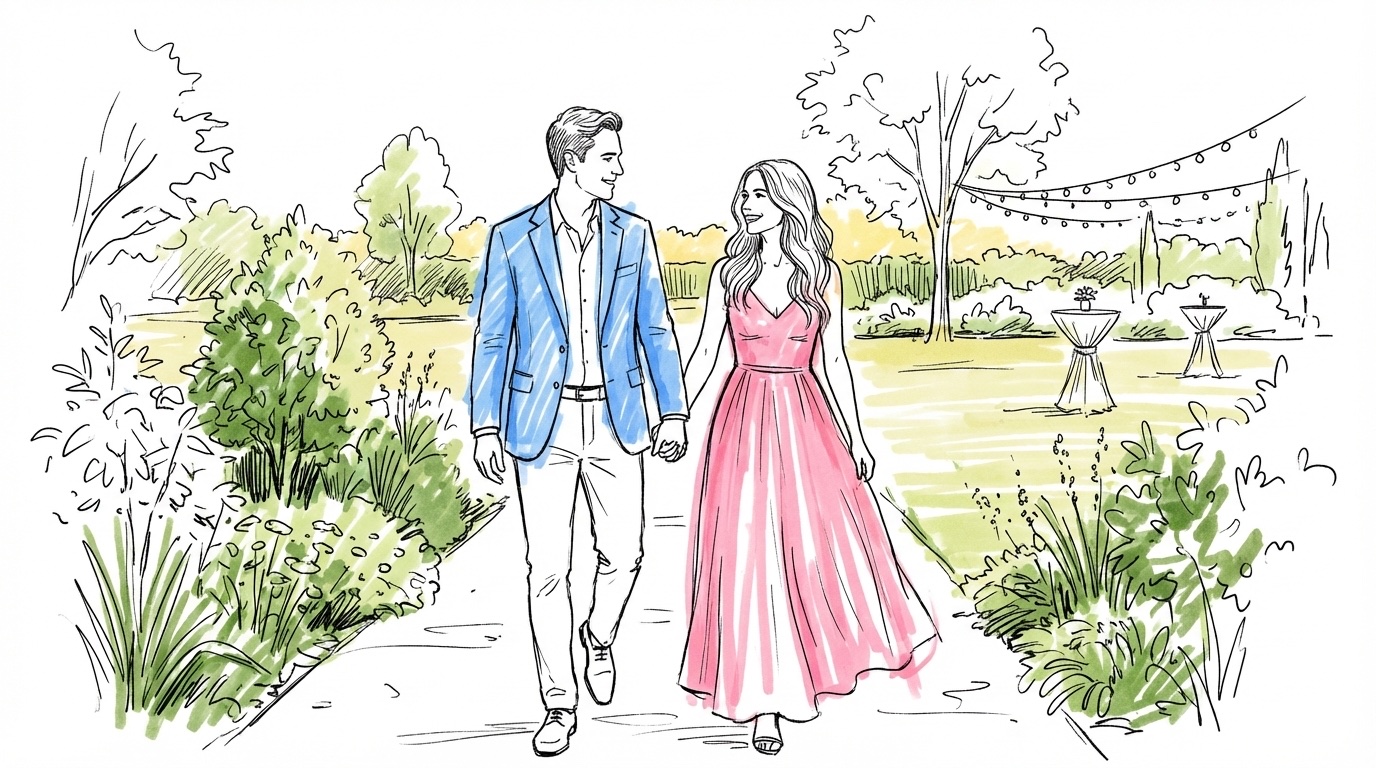 Ett par som promenerar utomhus vid en somrig bröllopslokal, han i ljus linnekavaj och hon i en flödande sommarklänning, i Lovios rosa och blå illustrationsstil