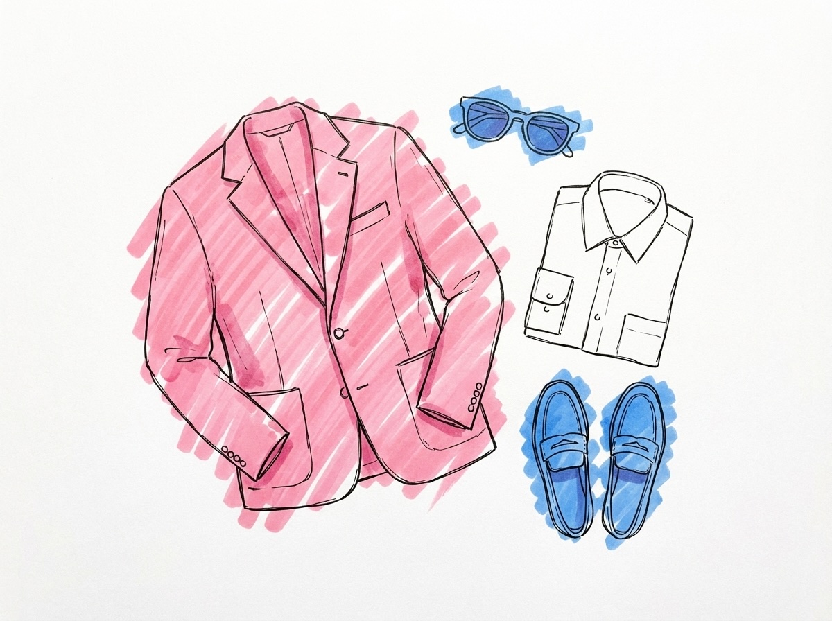 En flat-lay med sommarklädsel för herr — linnekavaj, bomullsskjorta, loafers och solglasögon på en ljus yta, i Lovios rosa och blå illustrationsstil