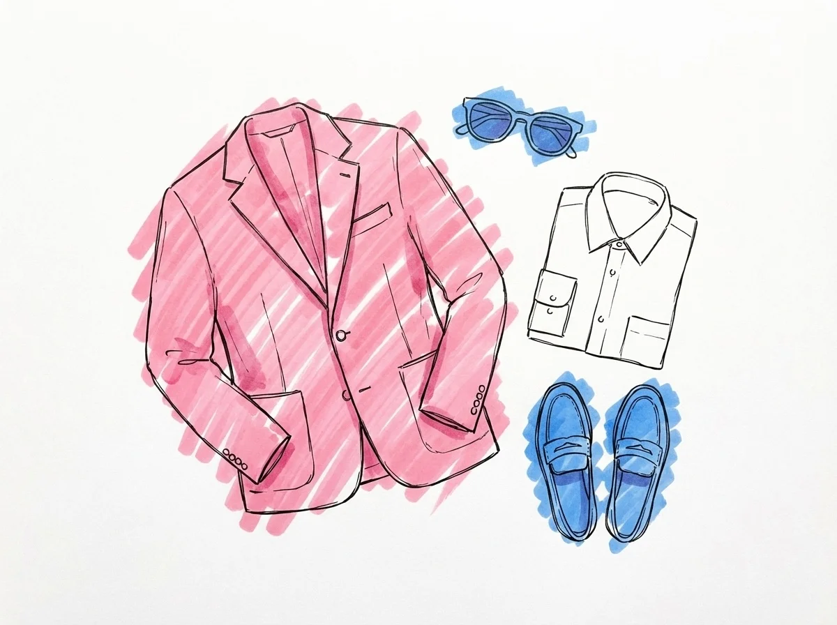 En flat-lay med sommarklädsel för herr — linnekavaj, bomullsskjorta, loafers och solglasögon på en ljus yta, i Lovios rosa och blå illustrationsstil