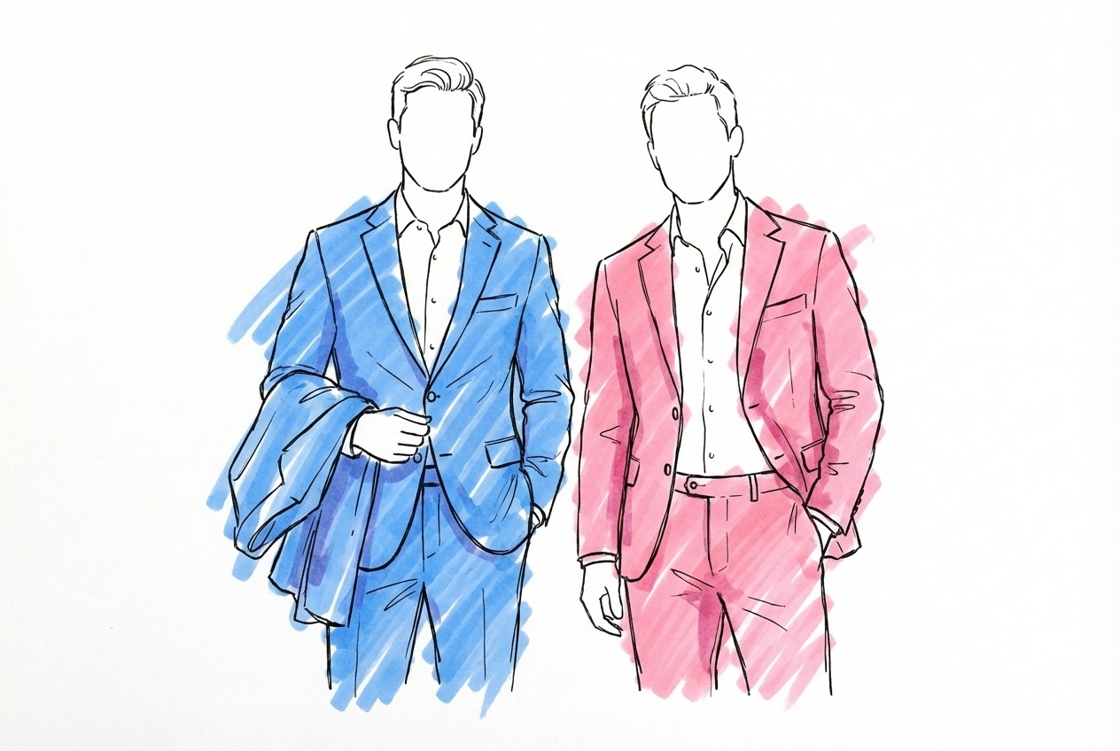 Två män bredvid varandra — en i mörk sommarkostym med kavajen över armen, den andre i ljus linnekavaj med chinos, i Lovios rosa och blå illustrationsstil