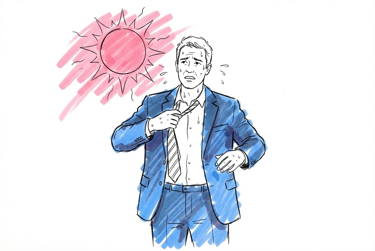 En man som lossar på slipsen och ser varm och obekväm ut i en tung mörk kostym i solskenet, i Lovios rosa och blå illustrationsstil