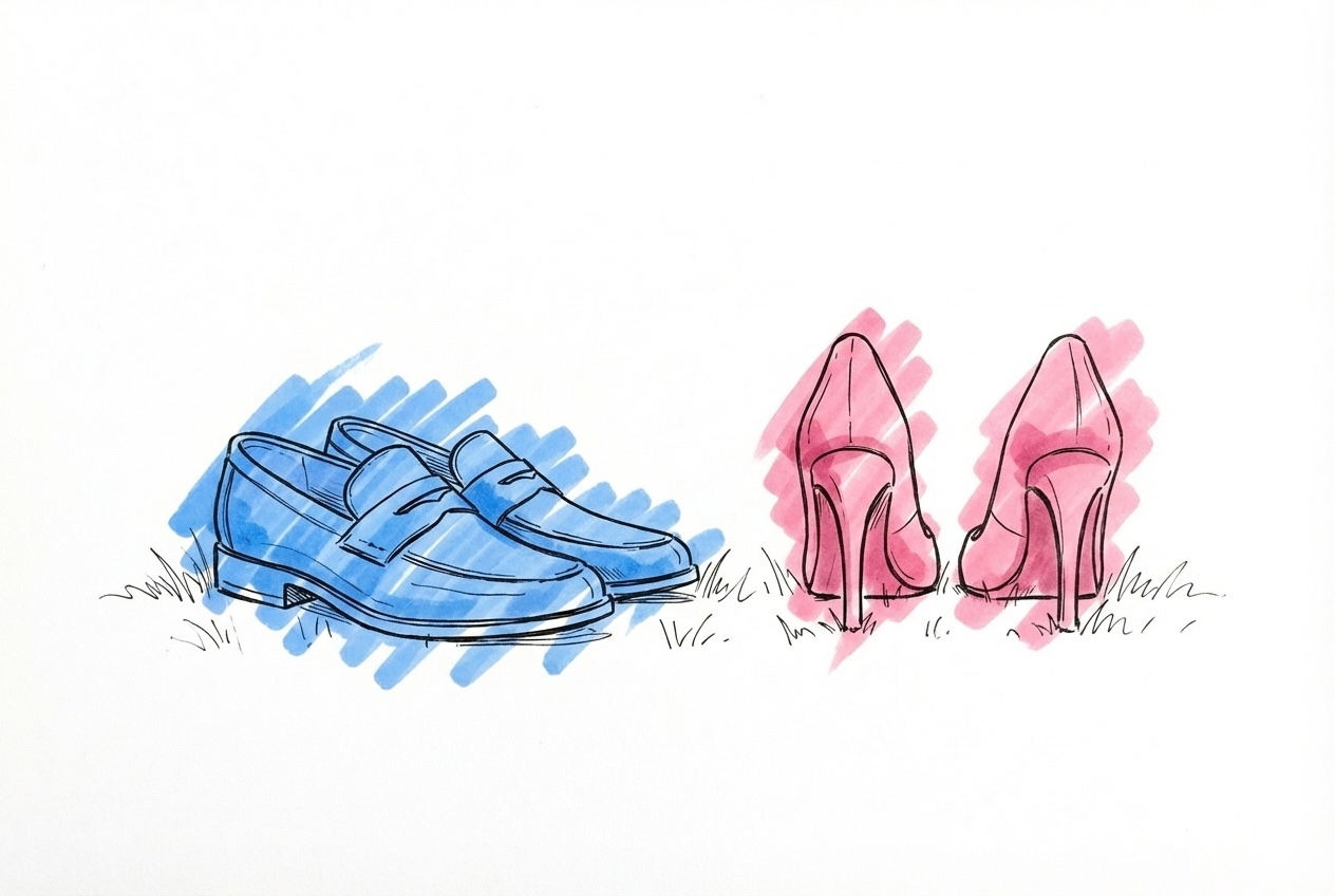 Två par skor sida vid sida på gräs — eleganta loafers som står stadigt till vänster och stiletter som sjunker ner till höger, i Lovios rosa och blå illustrationsstil