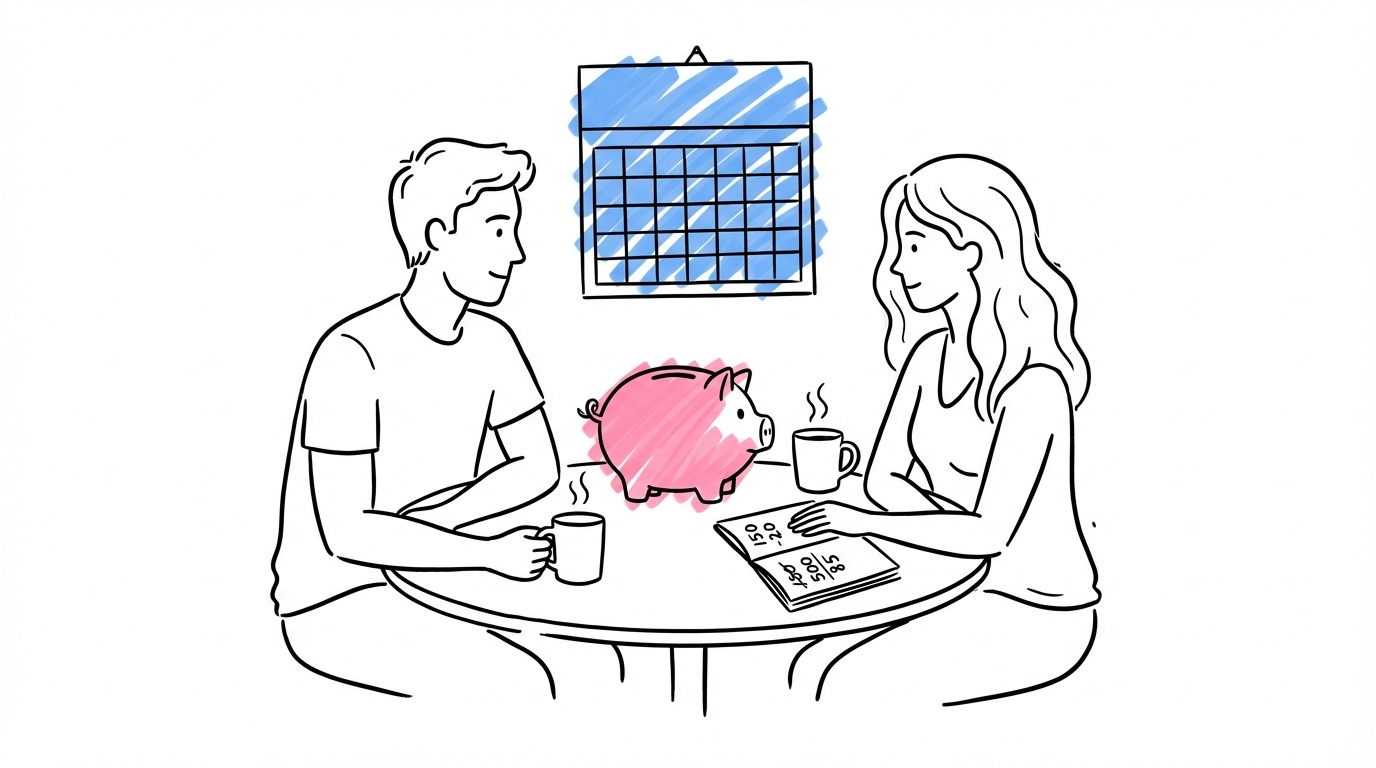Par som planerar att spara till bröllop vid köksbordet med spargris, kalender och sparplan