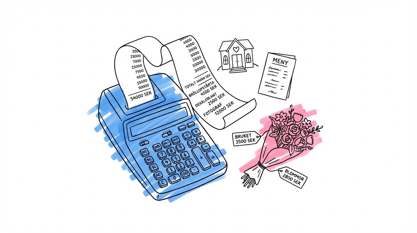 Kalkylator omgiven av bröllopsrelaterade föremål och prislappar