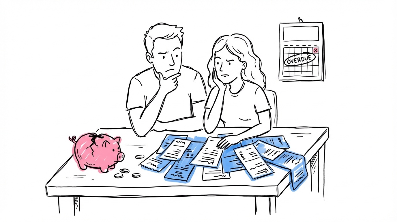 Par som ser förvirrade ut bland kvitton och sprucken spargris