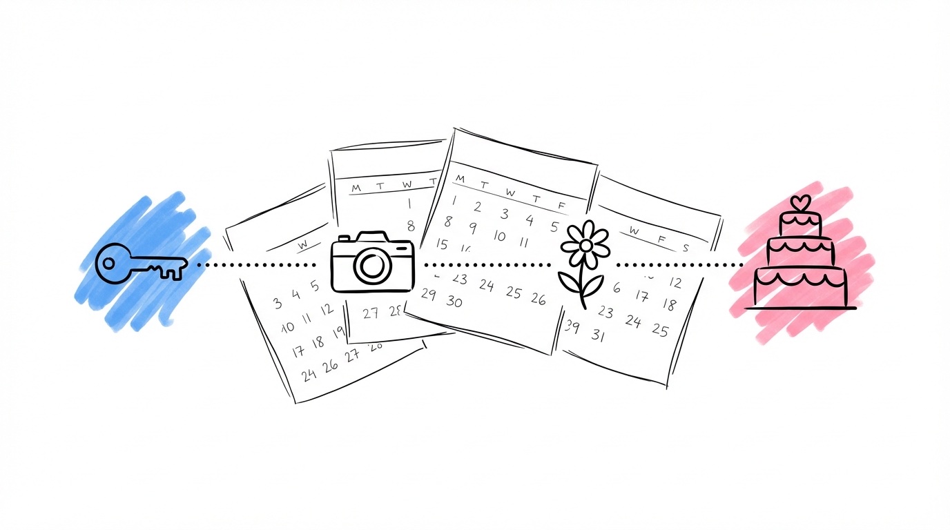 Horisontell tidslinje med milstolpar: nycklar vid månad 6, kamera vid månad 8, blommor och bröllopstårta