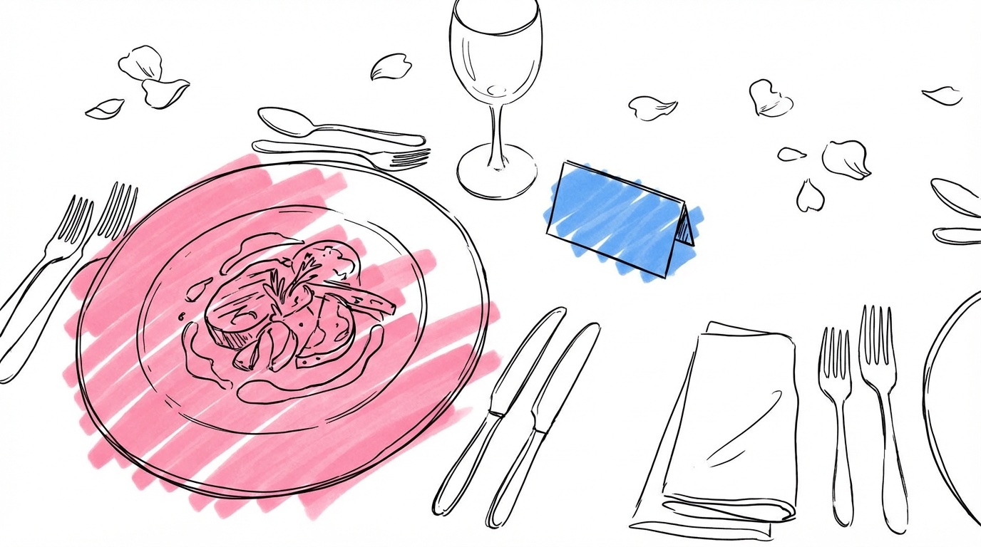 Bröllopsdukning med tallrik och placeringskort — symboliserar planering av specialkost