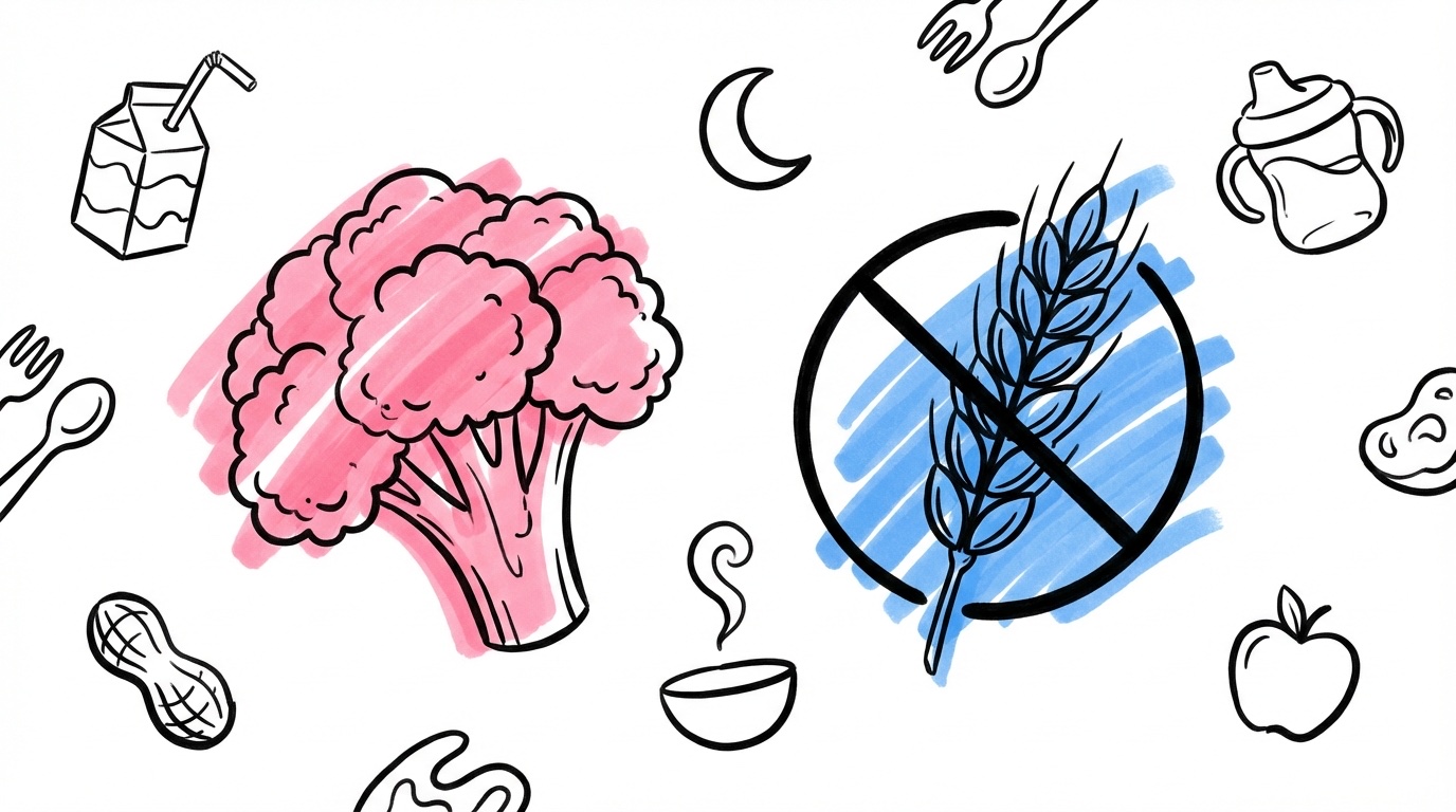 Illustration av olika specialkosttyper — vegetariskt, glutenfritt, laktosfritt och mer