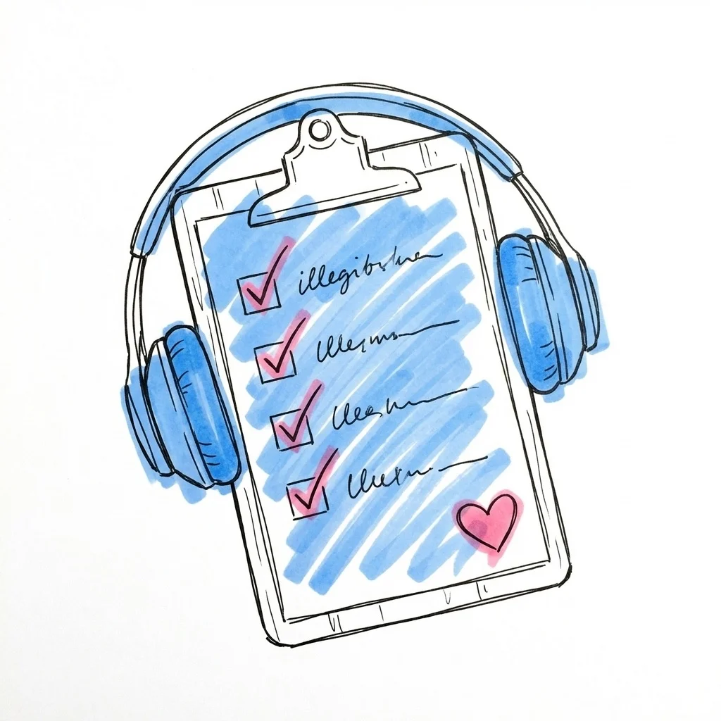 En ifylld checklista på ett skrivbord med bockmarkeringar, hörlurar hänger över toppen, ett litet hjärta som detalj, i Lovios rosa och blå illustrationsstil