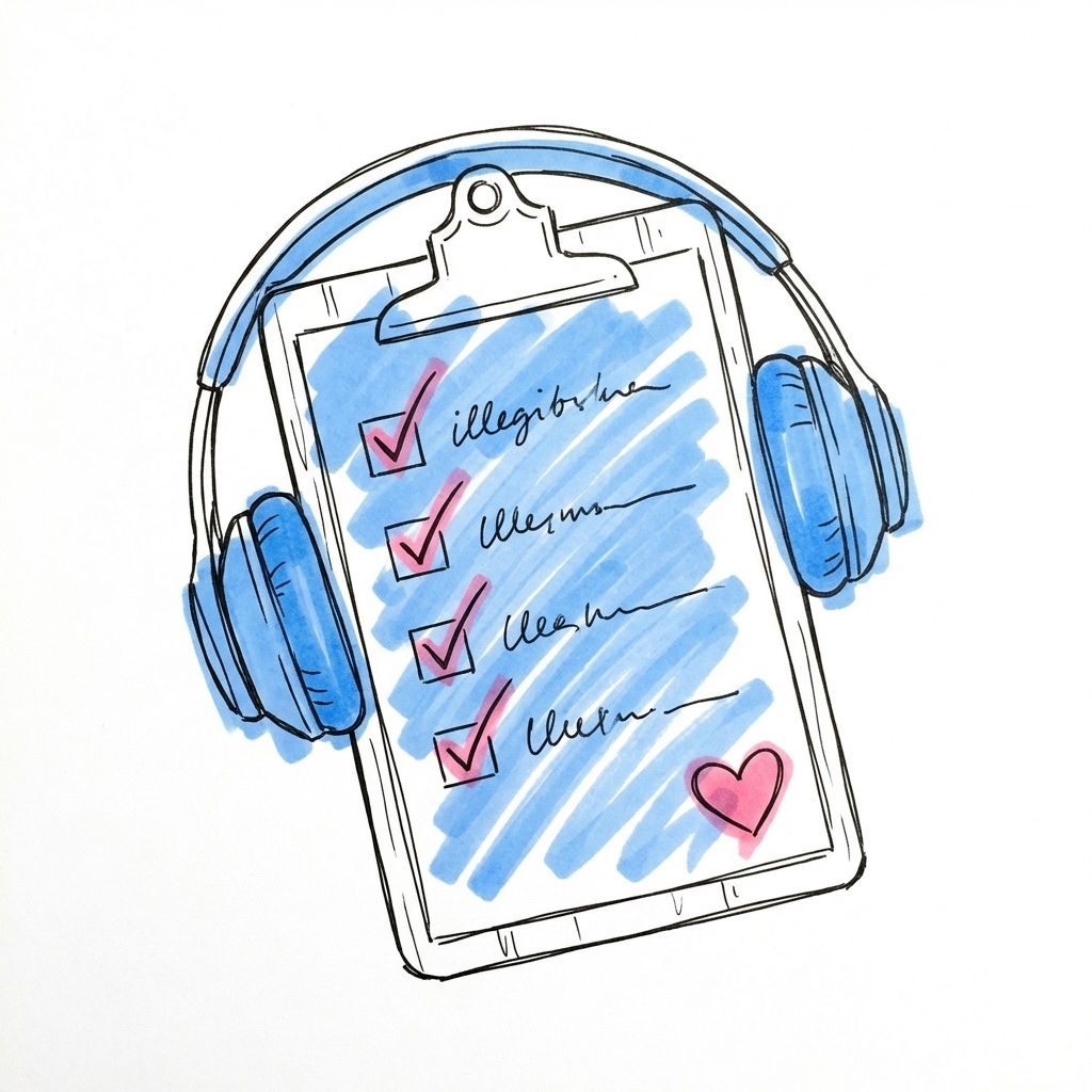 En ifylld checklista på ett skrivbord med bockmarkeringar, hörlurar hänger över toppen, ett litet hjärta som detalj, i Lovios rosa och blå illustrationsstil