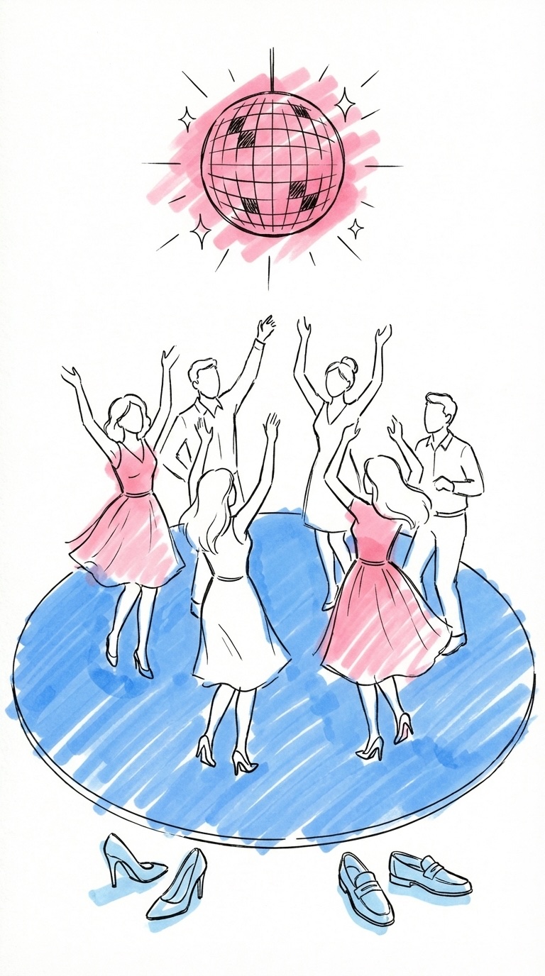 Dansgolv sett ovanifrån med dansande figurer med armarna i luften, discokula och ljusslingor, skor längs kanten, i Lovios rosa och blå illustrationsstil