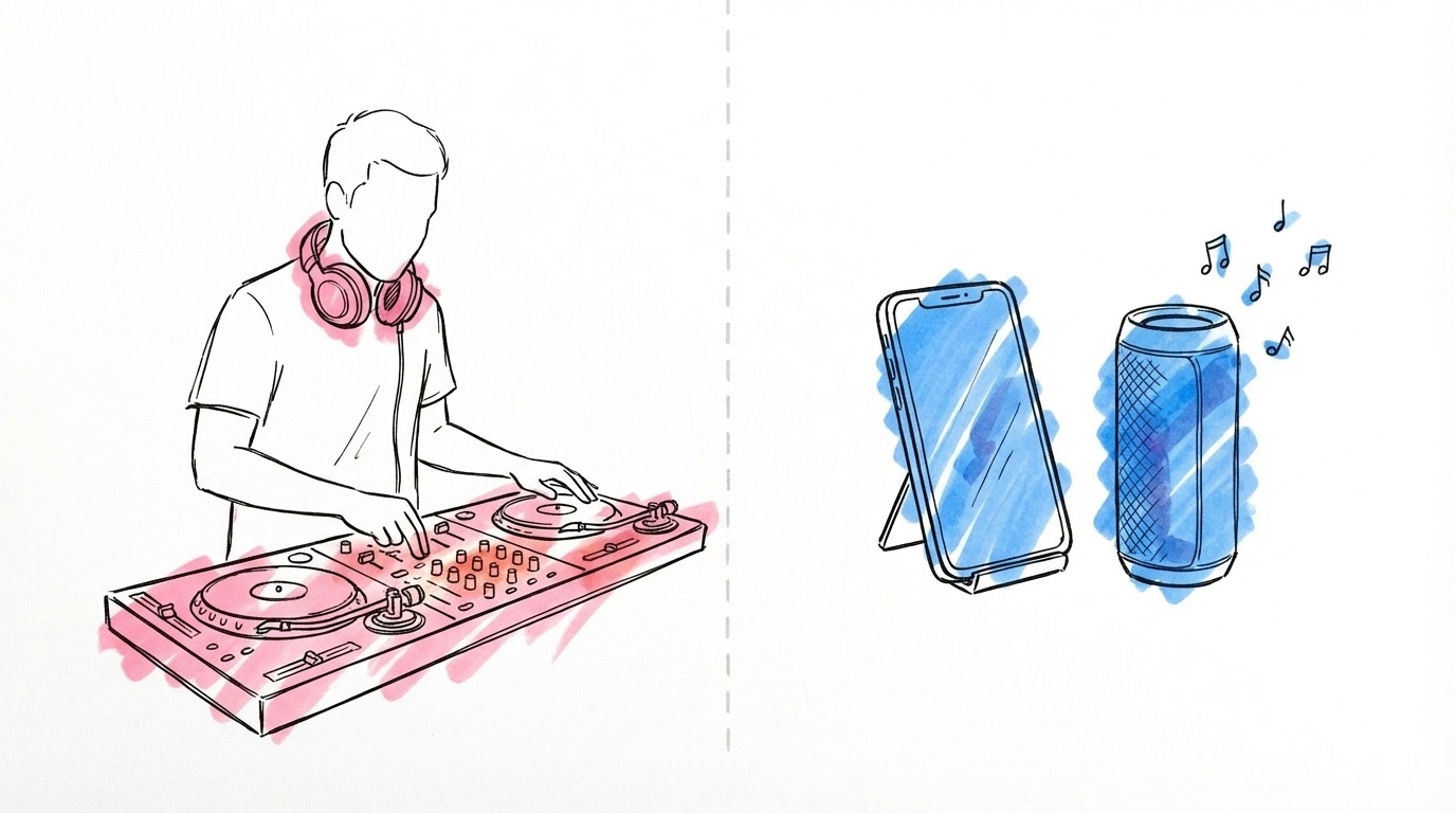 Delad scen — en DJ bakom ett mixerbord med hörlurar på ena sidan, en telefon bredvid en portabel högtalare på andra sidan, i Lovios rosa och blå illustrationsstil