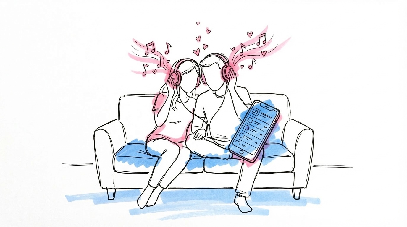 Ett par sitter tillsammans med hörlurar och en telefon som visar en spellista, musiknoter svävar i luften, i Lovios rosa och blå illustrationsstil