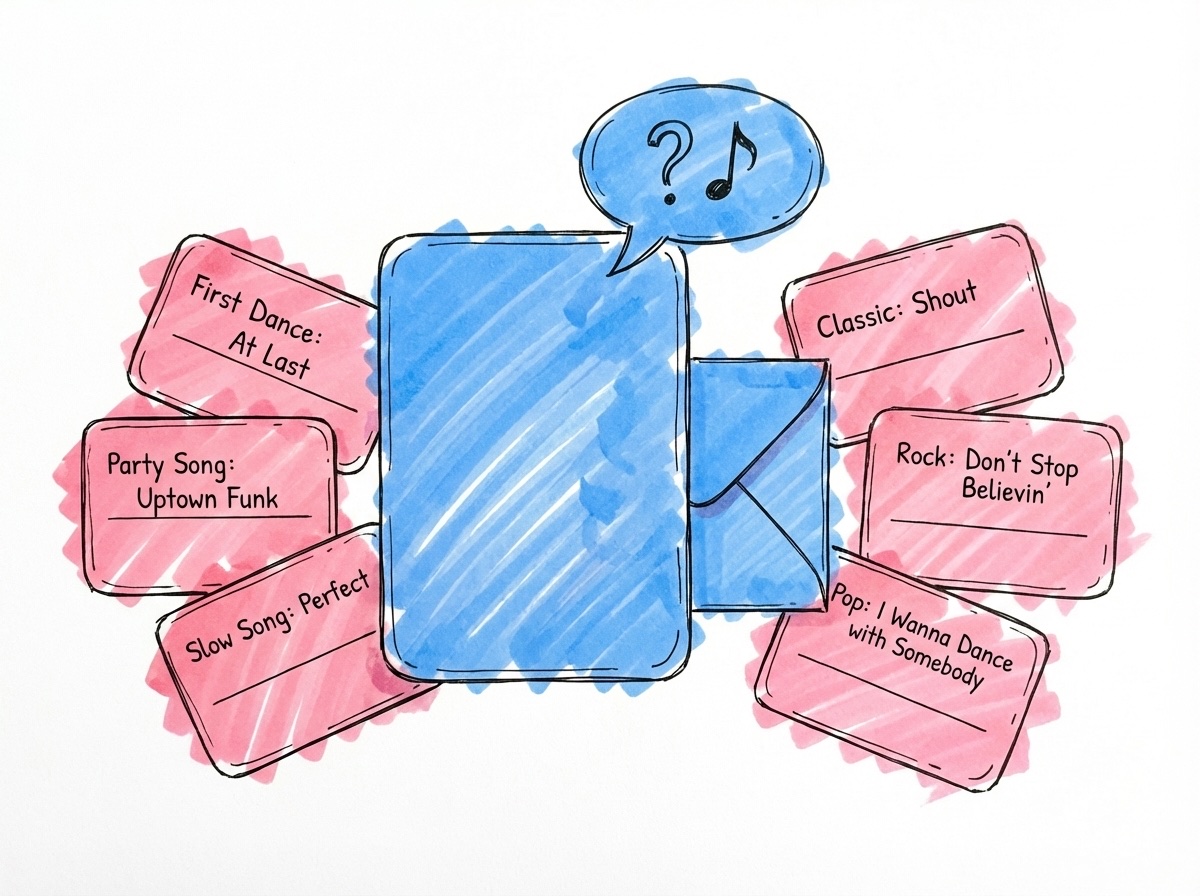 Ett digitalt inbjudningskort med en pratbubbla som visar en önskelåtsfråga, omgivet av små svarskort med olika låttitlar, i Lovios rosa och blå illustrationsstil