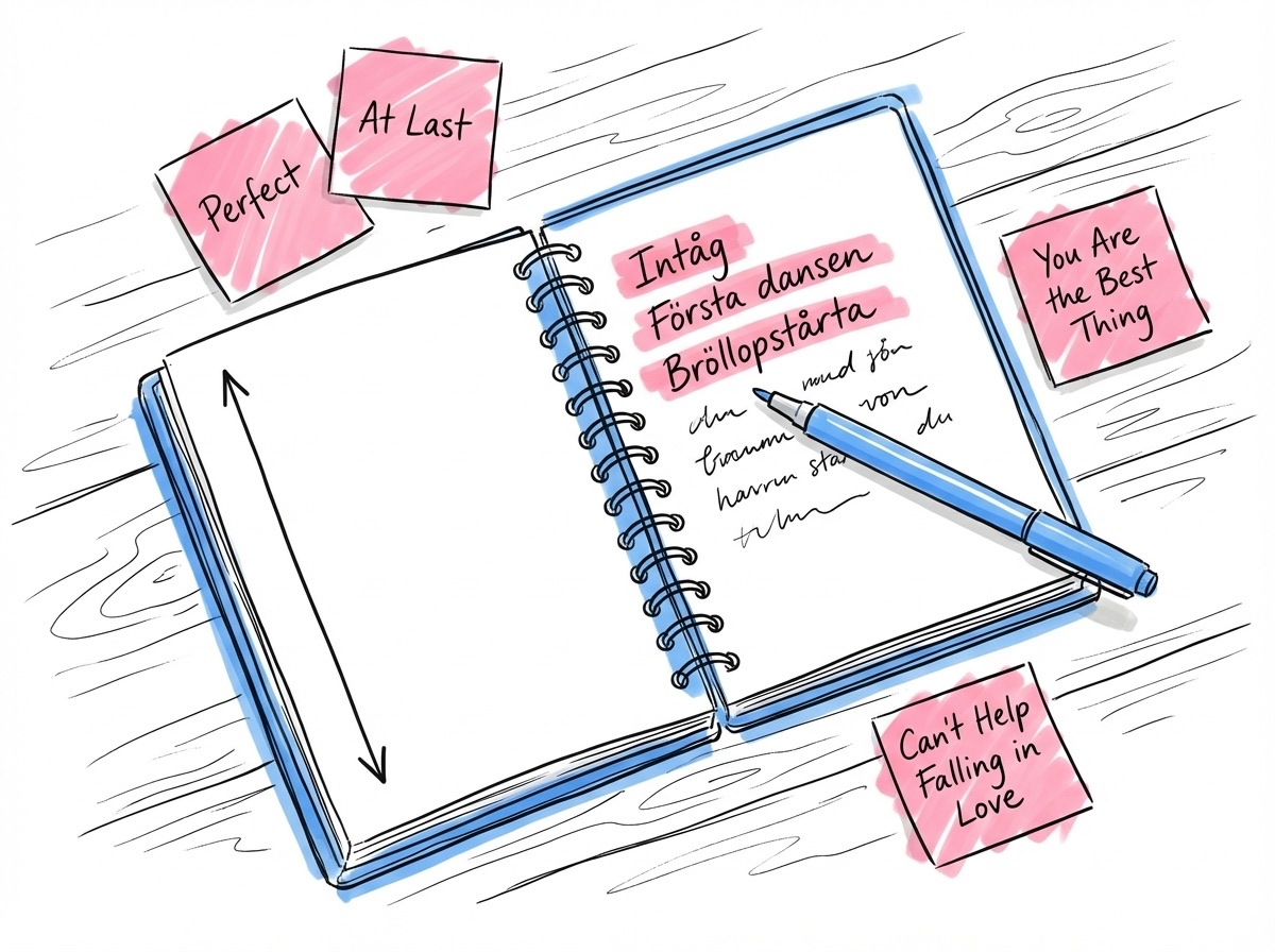 En öppen planeringsbok med handskriven lista av bröllopsmoment, en penna och post-it-lappar, i Lovios rosa och blå illustrationsstil