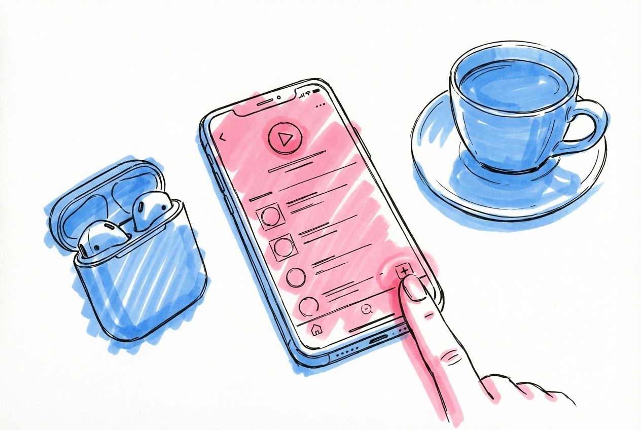 En telefonskärm med en musikapp-spellista, ett finger trycker för att lägga till en låt, bredvid telefonen hörlurar och en kaffekopp, i Lovios rosa och blå illustrationsstil