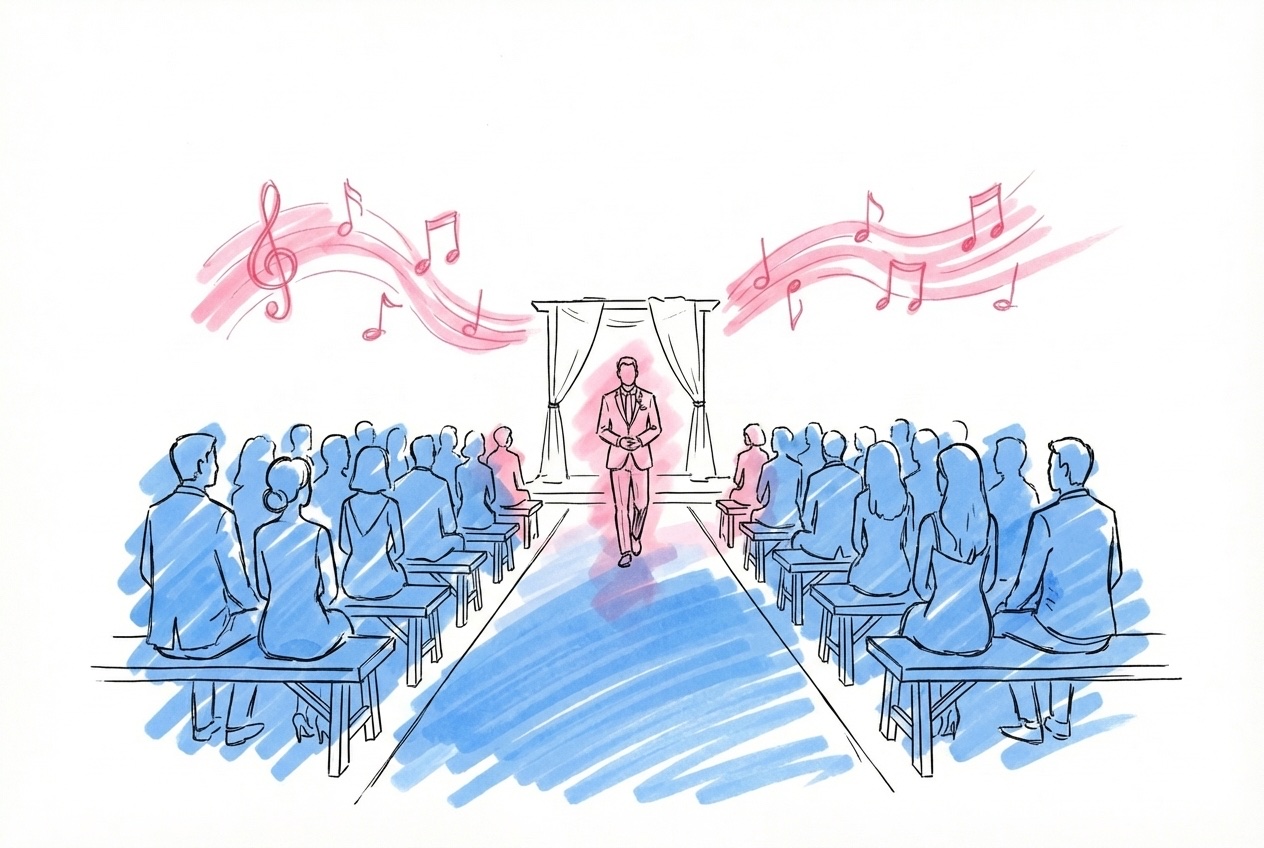 En bröllopsceremoni sedd bakifrån, en figur går långsamt mellan rader av sittande gäster, musiknoter svävar ovanför, i Lovios rosa och blå illustrationsstil