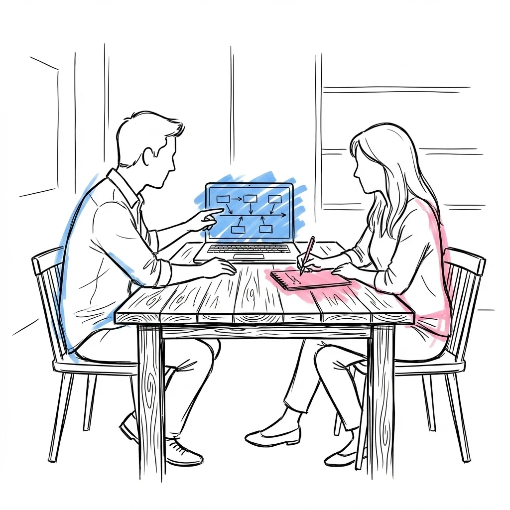 Par vid bord som tittar på en delad skärm med tidsschema, en pekar på tidslinjen medan den andra håller penna och anteckningsblock