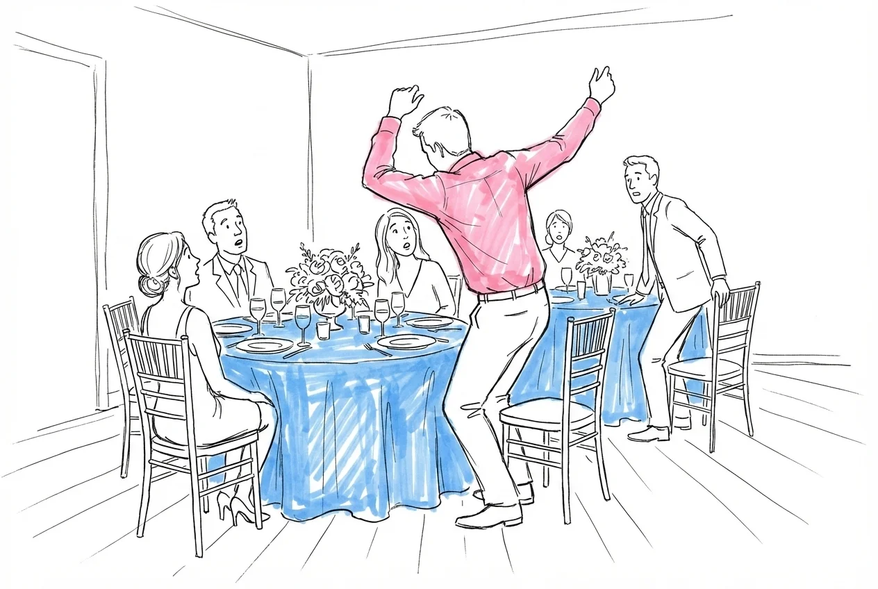 Person reser sig från middagsbord mitt i en dansrörelse, överraskade gäster runtom, en andra person börjar resa sig