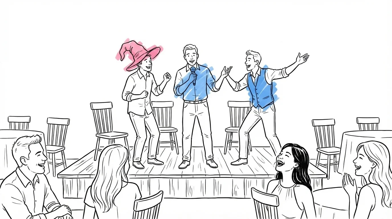 Grupp vänner på improviserad scen under bröllopsfest, en håller mikrofon, en annan gestikulerar dramatiskt, gäster skrattar i förgrunden