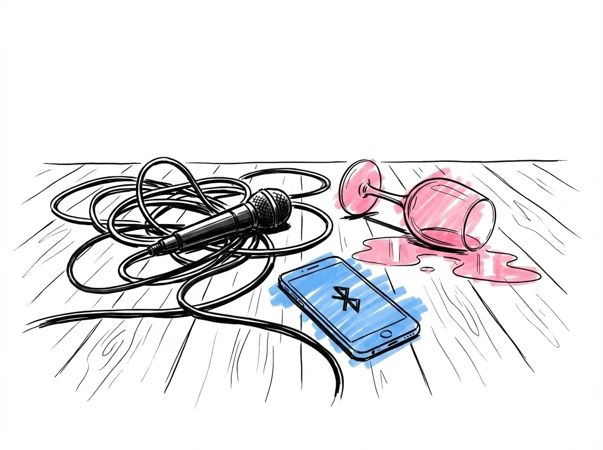 Trasslig mikrofonkabel på scengolv bredvid telefon med fryst Bluetooth-ikon och vältat vinglas