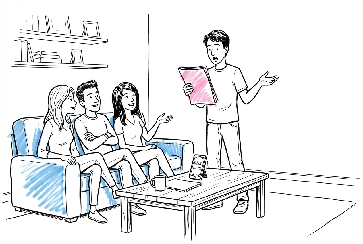 Vänner som repeterar i vardagsrum, en person läser manus stående, andra ger feedback från soffan