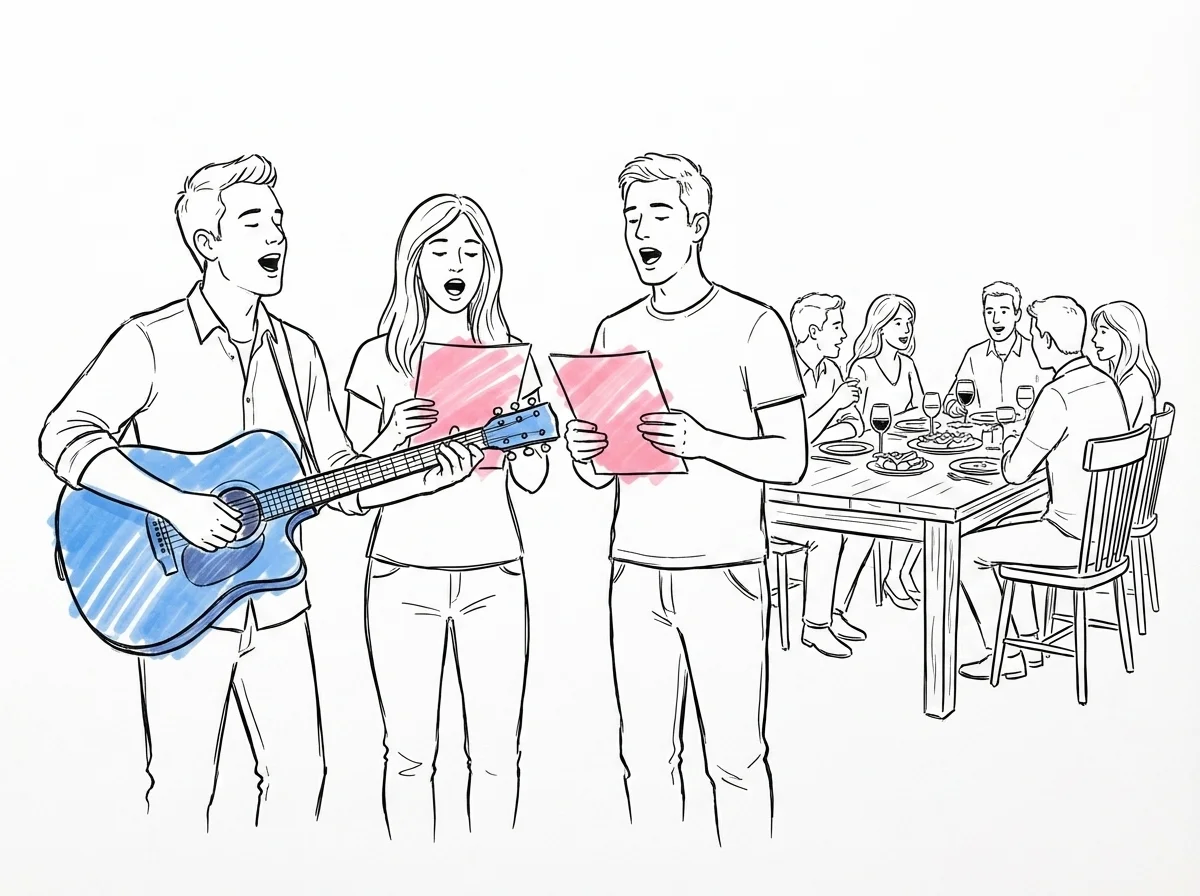 Tre-fyra personer sjunger i rad med texthäften, en spelar gitarr, gäster syns i bakgrunden