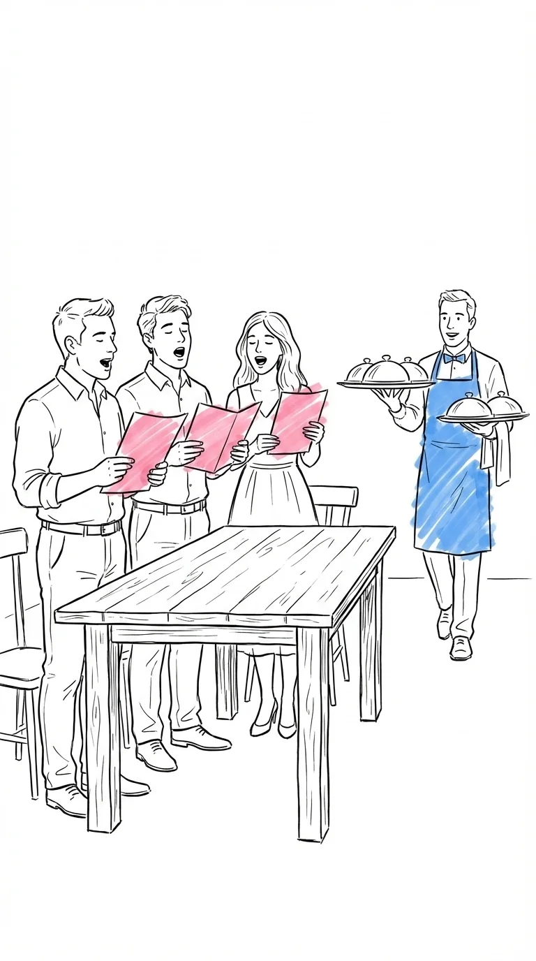 Grupp gäster står vid middagsbord med sånghäften och sjunger, servitör med bricka närmar sig i bakgrunden