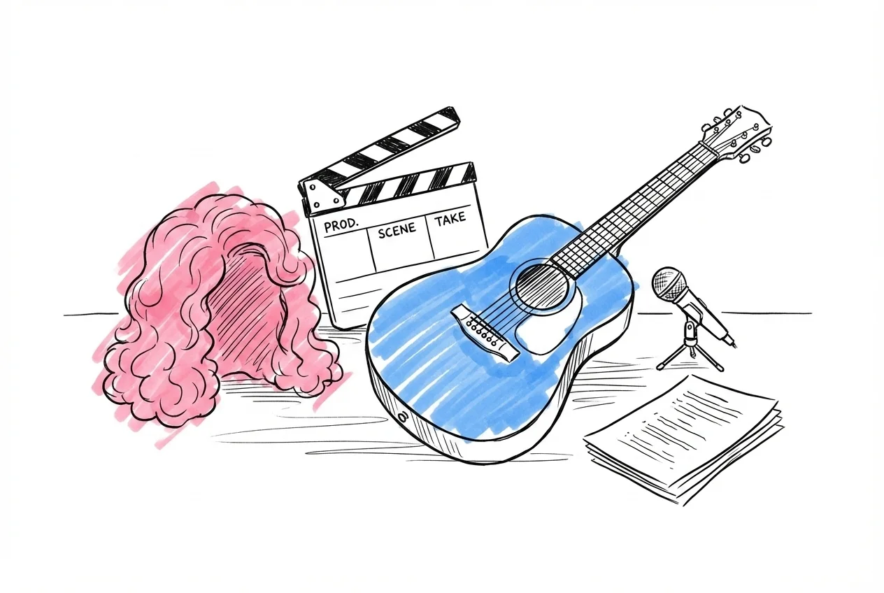 Uppträdanderekvisita på bord: gitarr, peruk, filmklappa, mikrofon och manussidor