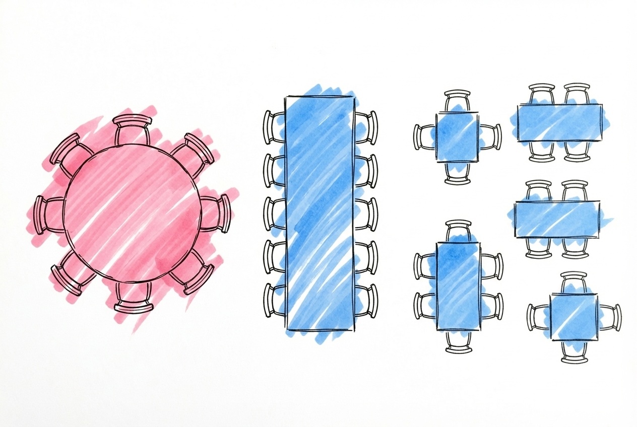 Fågelperspektiv med tre olika bordsarrangemang — runt bord, långbord och mixat upplägg — i Lovios rosa och blå illustrationsstil