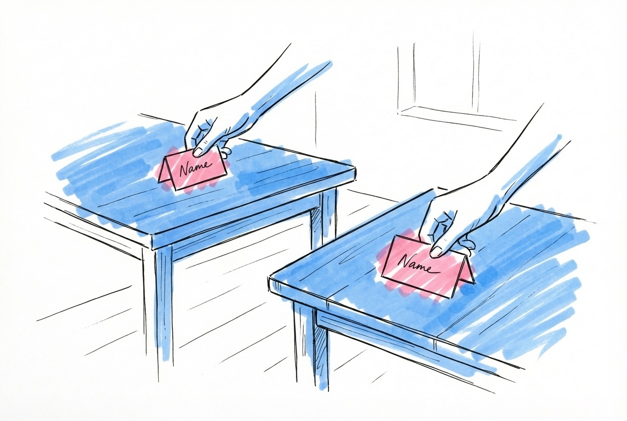 Två händer som placerar namnkort vid olika bord, i Lovios rosa och blå illustrationsstil