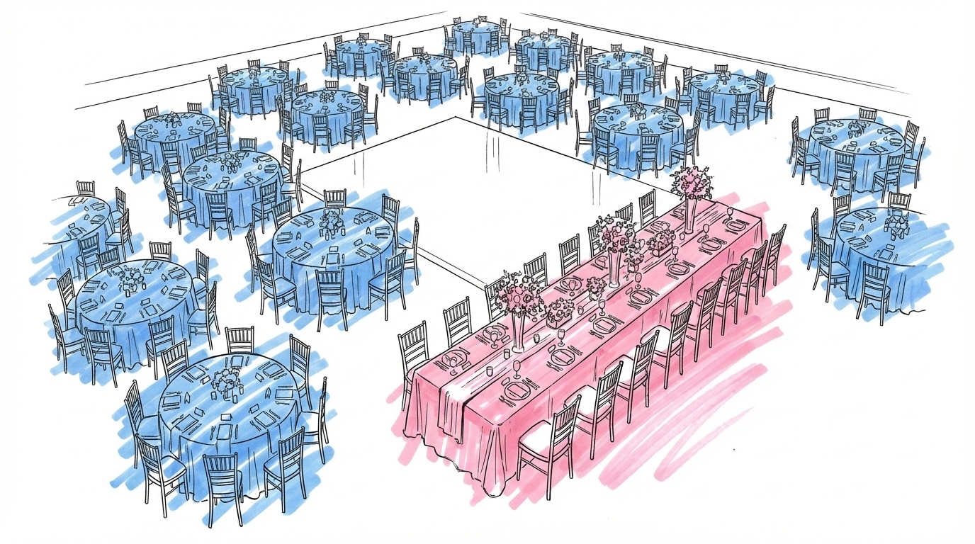 Fågelperspektiv av en stor bröllopsmiddag med runda och långa bord arrangerade i en festlokal, i Lovios rosa och blå illustrationsstil