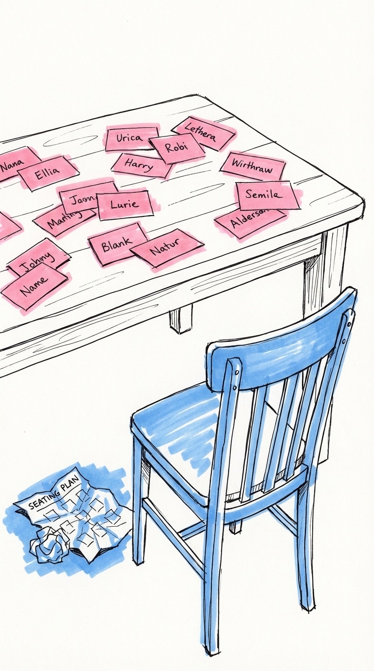 Rörigt bord med utspridda namnkort, en tom stol och en skrynklig bordsplan, i Lovios rosa och blå illustrationsstil