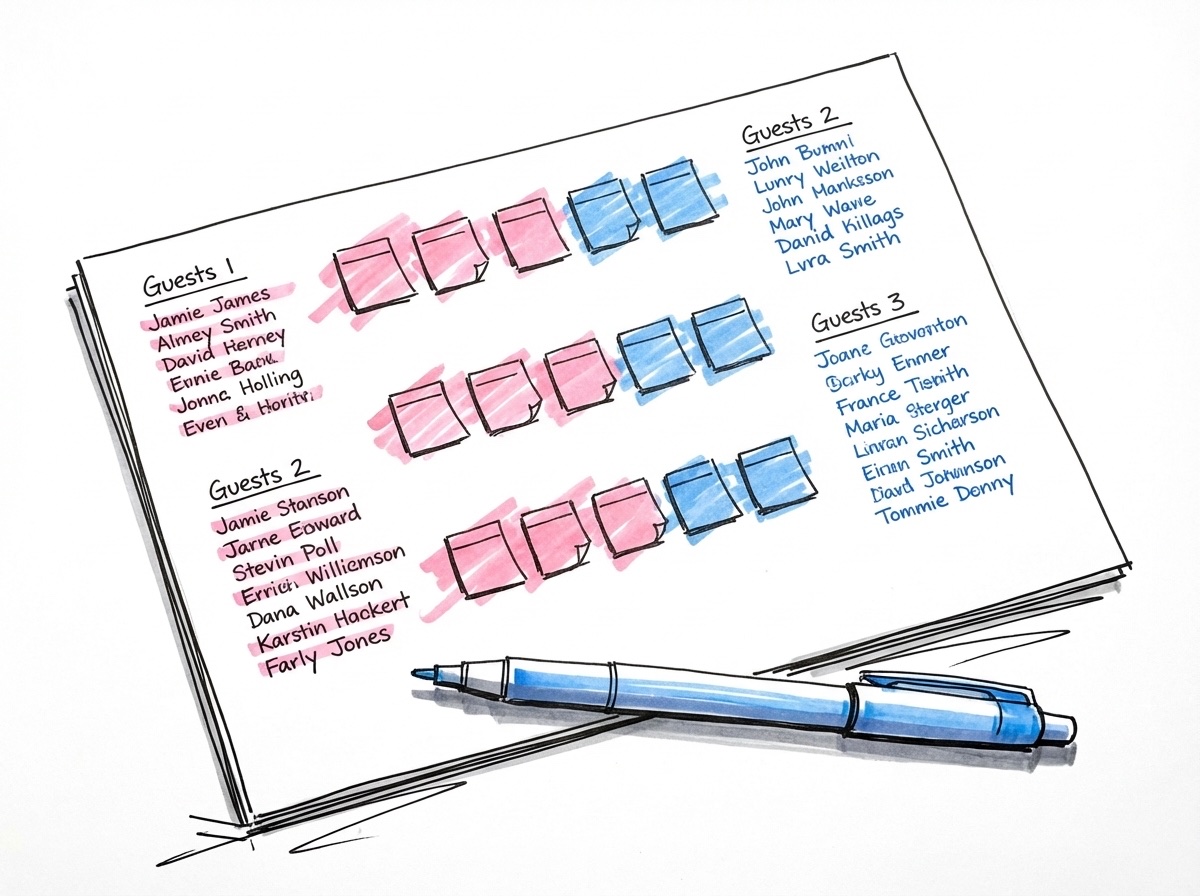 Bordsplaneringsdiagram med färgkodade lappar bredvid gästnamn och en penna, i Lovios rosa och blå illustrationsstil