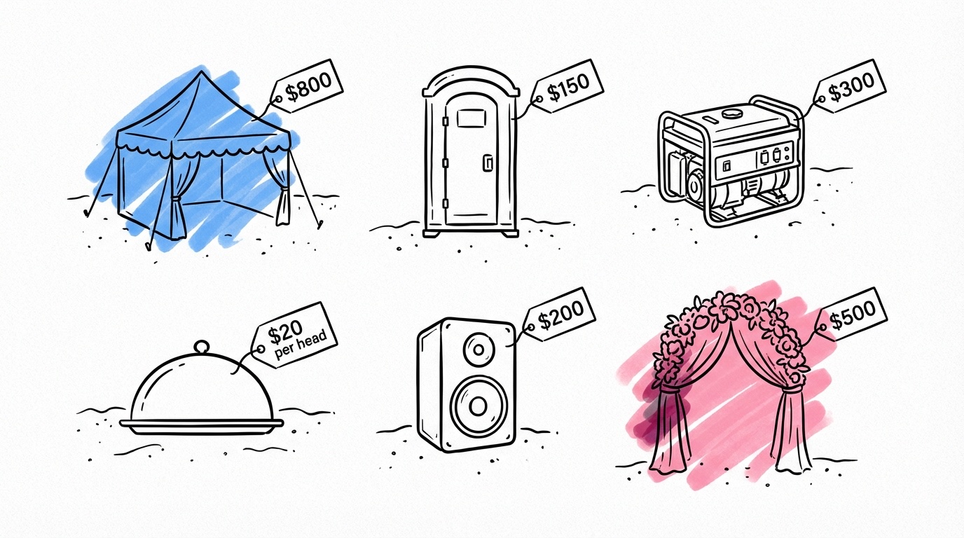 Flat-lay av strandbröllopsbudgetposter \u2014 tältbroschyr, portabel toalett-ikon, generator, cateringfat, PA-högtalare och blomsterbåge på sandig yta med prislappar