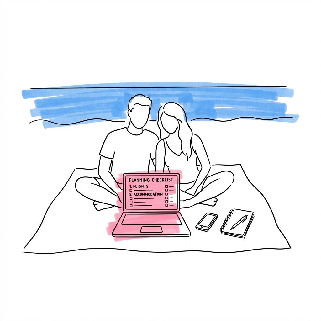 Par på strandfilt med laptop öppen för bröllopsplanering, havet i bakgrunden, mobil med checklista och anteckningsblock bredvid