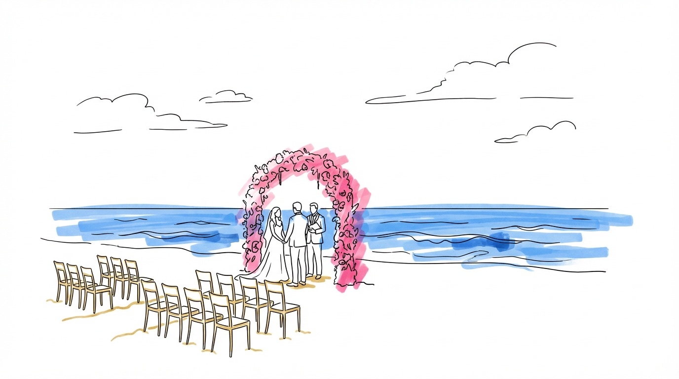 Svensk sandstrand med enkel ceremoniuppställning \u2014 stolar i sand mot havet, blomsterbåge och ett par vid altaret med öppen himmel