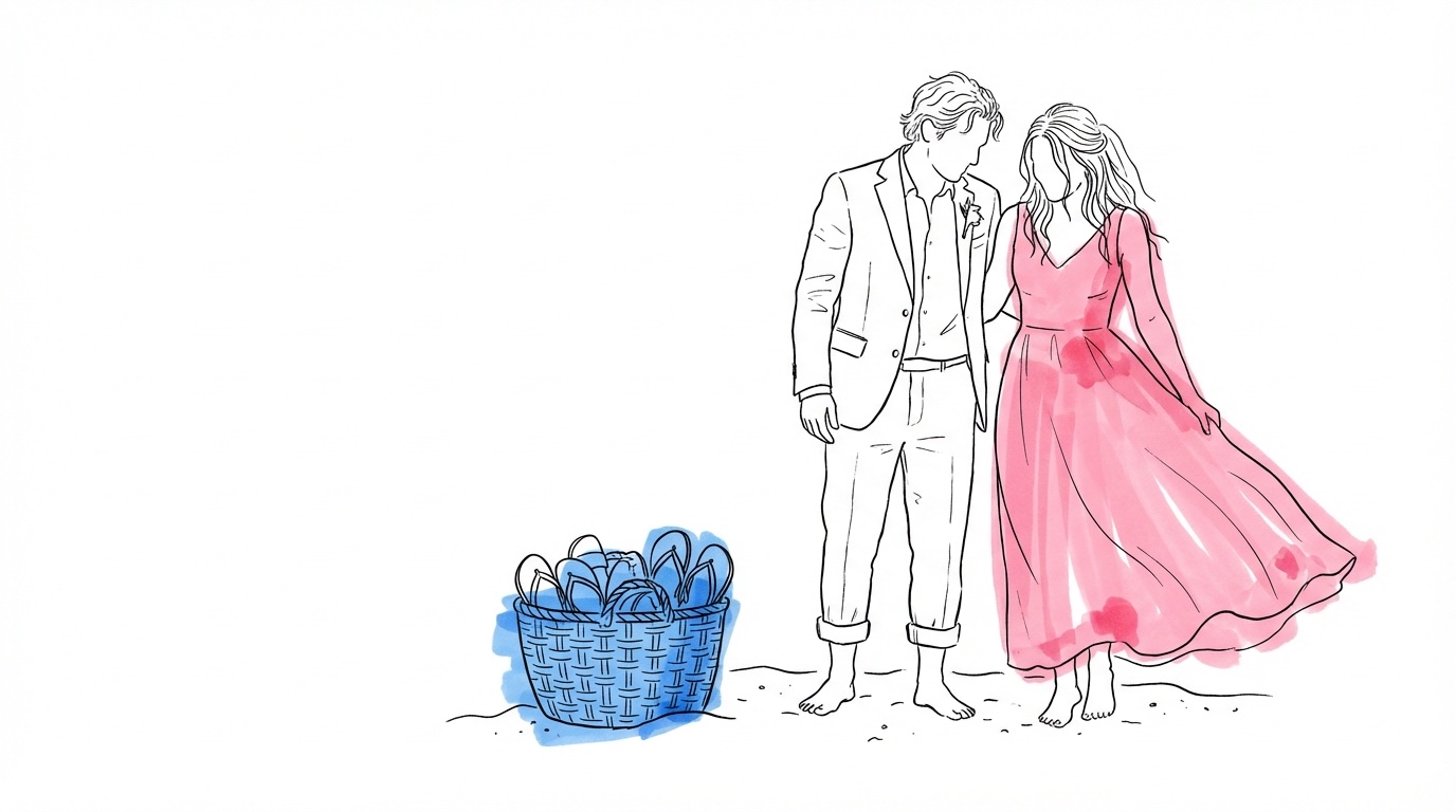 Par klädda för strandbröllop \u2014 bruden i flödande ankellång klänning, brudgummen i linnekostym med uppkavlade byxben, båda barfota i sanden med en skokorg bredvid