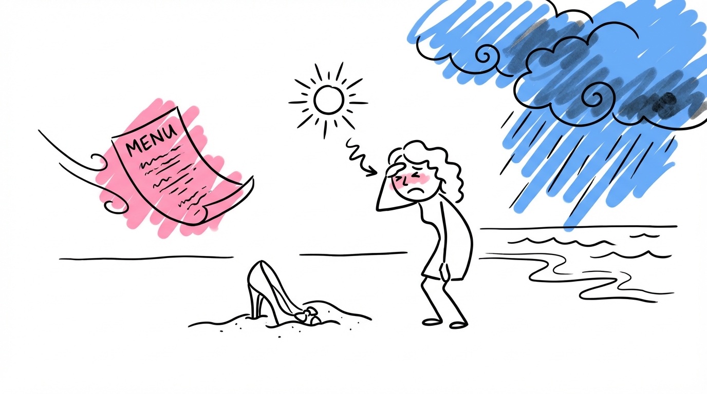 Humoristisk strandscen med flera fallgropar \u2014 menykort som blåser bort, högklackad sko som sjunker i sand, sol utan skugga och regnmoln på väg