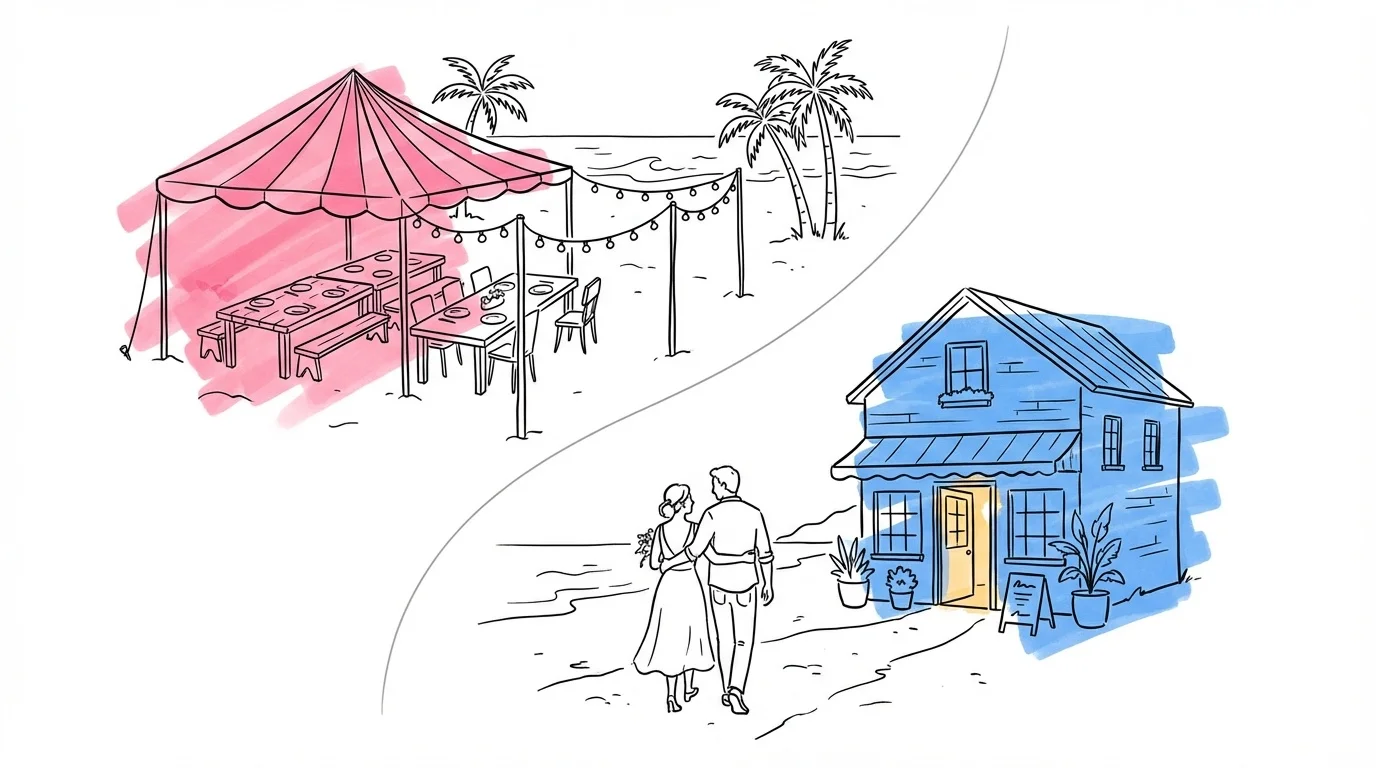 Delad scen med två alternativ \u2014 övre halvan visar fullständig strandmiddag med tält och ljusslingor, undre halvan visar par som promenerar från stranden mot en restaurang