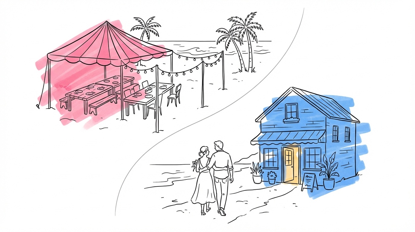 Delad scen med två alternativ \u2014 övre halvan visar fullständig strandmiddag med tält och ljusslingor, undre halvan visar par som promenerar från stranden mot en restaurang