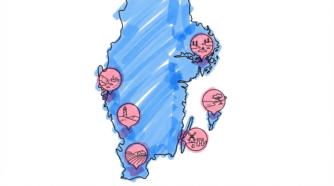 Stiliserad karta över Sverige med sex platsmarkörer vid Gotland, Skåne, Halland, Bohuslän, Stockholms skärgård och Öland