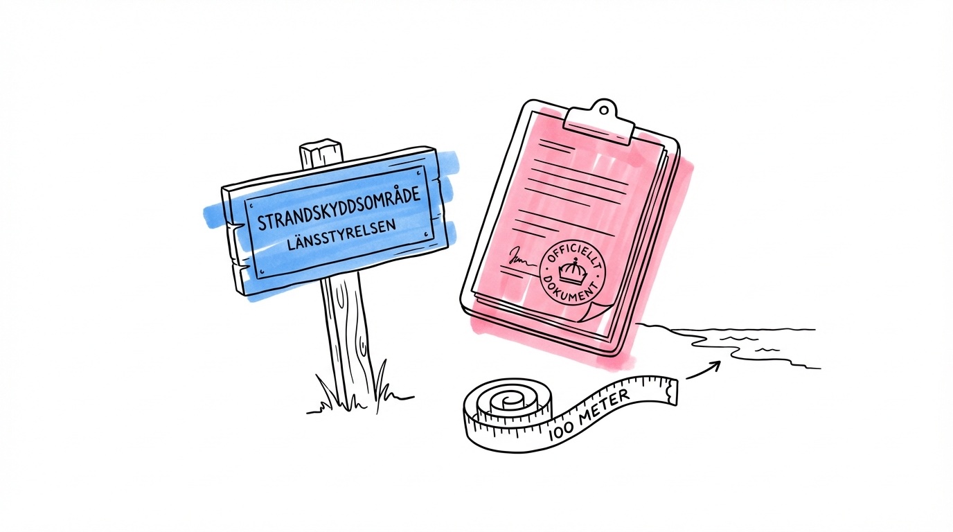 Strand med skylt som markerar strandskyddszon, urklipp med myndighetsstämpel och måttband som visar 100-meterszonen
