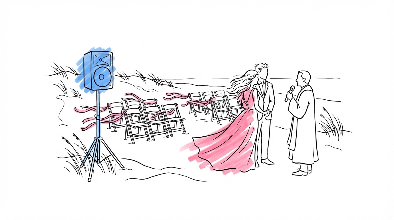 Strandceremoni med vindens rörelse synlig \u2014 hår och tyg som blåser, portabel PA-högtalare på stativ, band på stolsryggar som fladdrar