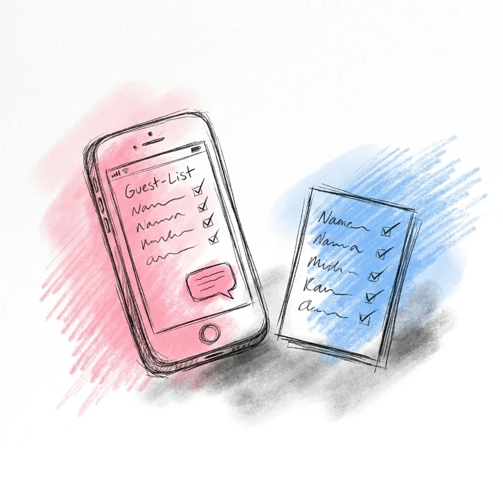 Telefonskärm som visar en gästlista-app med ibockade namn och ett meddelande på väg att skickas, i Lovios rosa och blå illustrationsstil