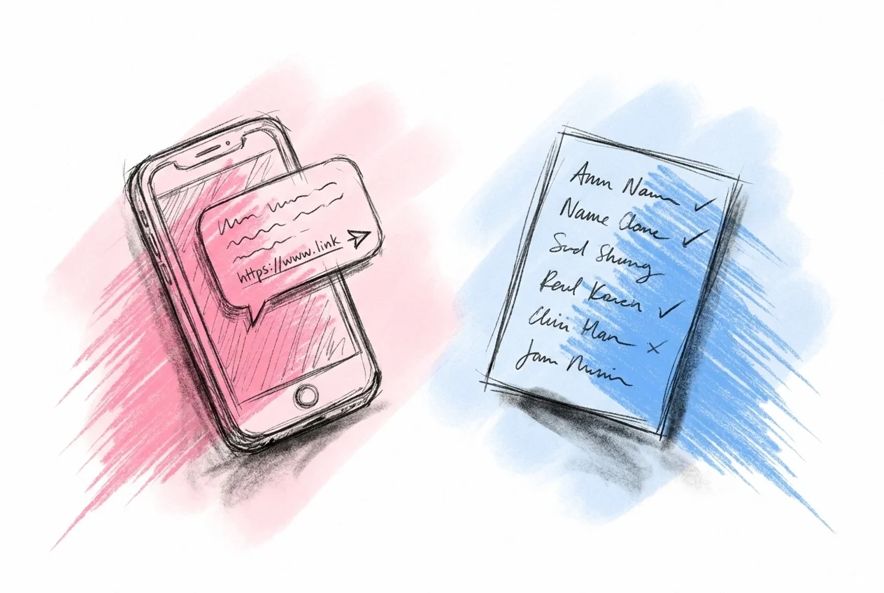 Mobiltelefon som visar ett SMS med en länk bredvid en kort lista med gästnamn, i Lovios rosa och blå illustrationsstil